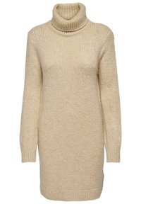 Beige gebreid sweaterjurk met een hoge col, lange mouwen en geribde manchetten en zoom. Zachte textuur met subtiele kleurvariaties.