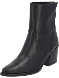 Bottine en cuir noir à bout pointu, avec un col légèrement rembourré et un talon épais. Design minimaliste avec des détails de couture subtils.