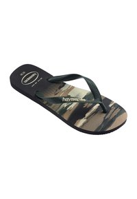 Sandale tong noire avec semelle à motif camouflage vert et beige, brides texturées et logo "havaianas" sur la bride et le talon.
