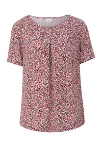 Kurzärmlige Bluse aus leichtem Stoff mit einem mehrfarbigen Blumenmuster in Rot, Schwarz und Weiß. Rundhalsausschnitt und lockere Passform.