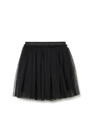 Jupe en tulle noir avec un design froncé, dotée d'une taille élastique pailletée. Texture légère et superposée avec une coupe à mi-genou.