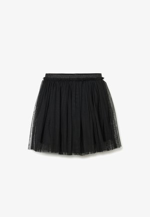 Zwarte tule rok met een geraffineerd ontwerp, voorzien van een glinsterende elastische tailleband. Lichtgewicht, gelaagde textuur met een knie-lange snit.