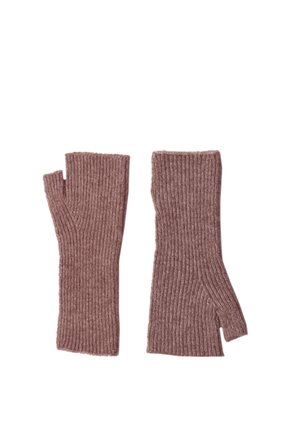 Par ribstrikkede fingreløse handsker i støvet pink med separat tommelfingersektion, lagt fladt på en hvid baggrund.