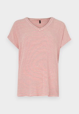 Red and white striped short-sleeve V-neck t-shirt with a relaxed fit and soft fabric. Stripes evenly spaced throughout the design.