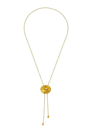 Feine goldene Halskette mit rundem strukturiertem goldenen Anhänger und zwei herabhängenden Kettenenden mit kleinen goldenen Perlen.