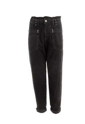 Pantaloni in velluto a coste neri con design a vita alta, gamba dritta, risvolti e due tasche frontali con accenti metallici.