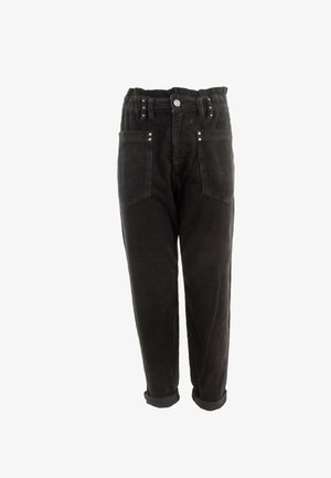 Pantaloni in velluto a coste neri con design a vita alta, gamba dritta, risvolti e due tasche frontali con accenti metallici.