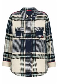 Camicia button-up in un grande motivo a quadri blu navy e crema. Presenta due tasche sul petto, un collo, e un tessuto testurizzato con orlo arrotondato.