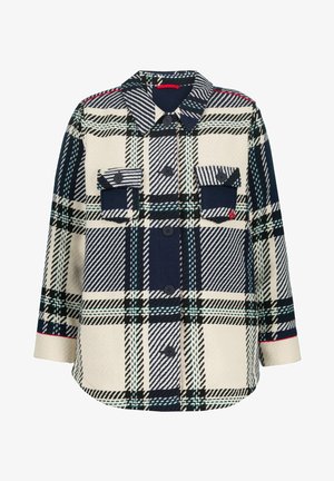 Camicia button-up in un grande motivo a quadri blu navy e crema. Presenta due tasche sul petto, un collo, e un tessuto testurizzato con orlo arrotondato.