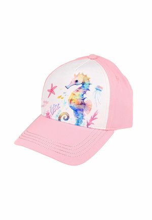 Casquette rose et blanche ornée d'un hippocampe coloré, d'une étoile de mer, d'une méduse et de coraux sur le panneau avant.