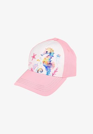 Casquette rose et blanche ornée d'un hippocampe coloré, d'une étoile de mer, d'une méduse et de coraux sur le panneau avant.