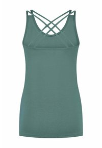 Mouwloos, teal tanktop gemaakt van zachte stof. Heeft een rechte zoom en crisscross bandjes op de rug, wat zorgt voor een getailleerde uitstraling.