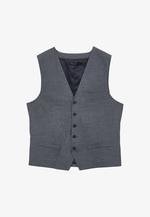 Grauer Herrenanzug-Weste mit fünf schwarzen Knöpfen, zwei vorderen Taschen und einem V-Ausschnitt vor weißem Hintergrund.