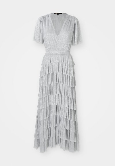 Silver, knee-length dress with a deep V-neck, short puff sleeves, and tiered ruffle design. Made from a textured, shimmering fabric.