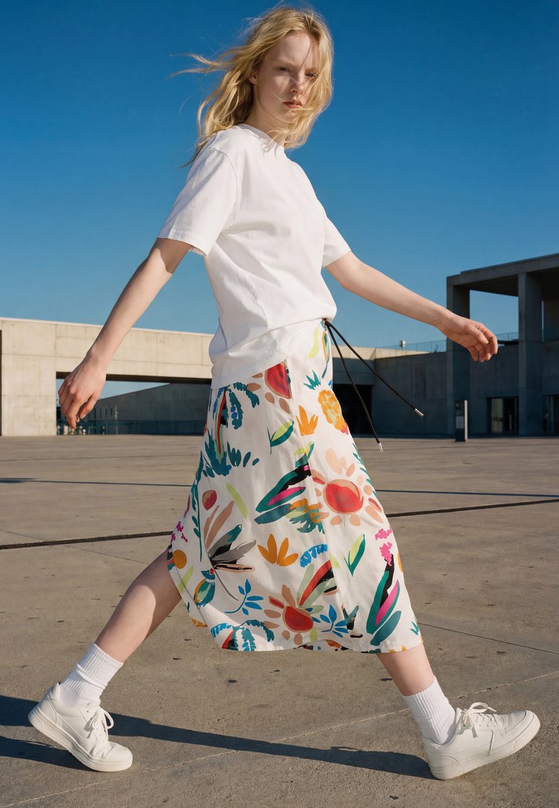 Joven mujer caminando al aire libre con una camiseta blanca, falda floral colorida, calcetines blancos y zapatillas blancas bajo un cielo azul despejado.
