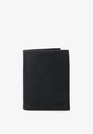Czarny skórzany portfel o minimalistycznym designie. Posiada teksturowaną powierzchnię oraz wytłoczony logo "VENEZIA" w prawym dolnym rogu.