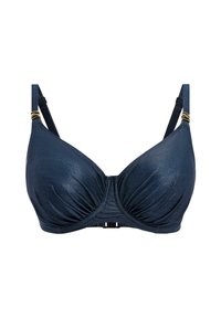 Tmavě modrá podprsenka se strukturovaným lesklým materiálem. Má skládání v designu, nastavitelná ramínka a zlaté akcenty na ramínku. Bezpečné zapínání na zádech.