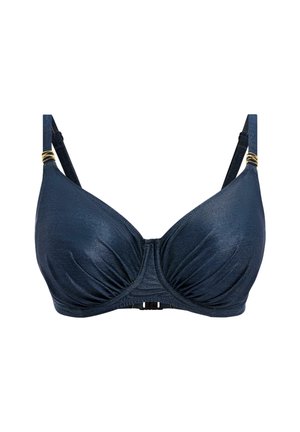 Sostén azul oscuro con una tela texturizada y brillante. Presenta un diseño plisado, tirantes ajustables y acentos en tono dorado en la tira. Cierre trasero seguro.