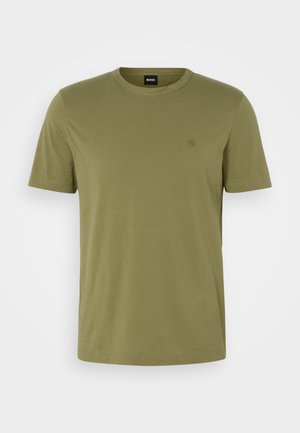 Olive green cotton t-shirt with a crew neck, short sleeves, and a subtle logo detail on the chest. Smooth texture, casual design.
