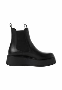 Black leather ankle boot with elastic side panels, pull tabs, and a chunky platform sole. Smooth texture and streamlined design.