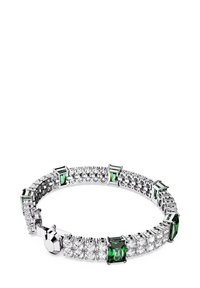 Bracelet en ton argent avec des cristaux verts et clairs rectangulaires alternés, doté d'un fermoir sécurisé et de maillons articulés pour une flexibilité optimale.