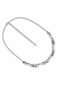 Collana in argento con elementi intrecciati e finitura texturizzata. Lunghezza regolabile con chiusura e etichetta di marca.
