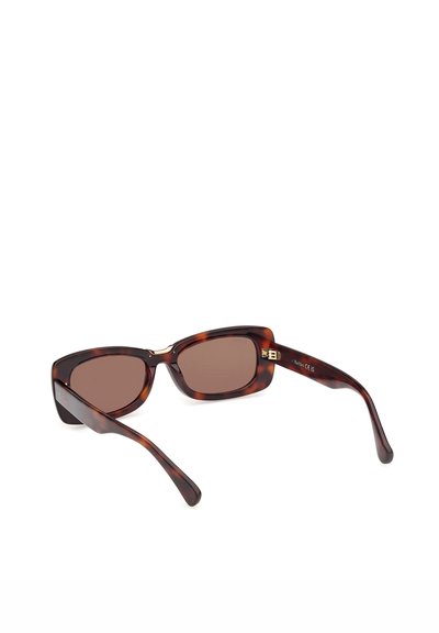Tortoiseshell rectangular sunglasses with dark brown lenses and slightly curved arms on a white background.