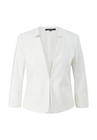 Blazer blanc pour femme, tailleur, avec manches trois-quarts, devant ouvert et revers crantés, présenté sur un fond uni.