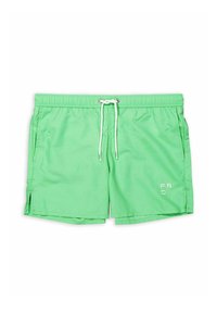 Pantaloncini da bagno verdi con vita elastica, cordino bianco, aperture laterali e logo ricamato nella parte anteriore inferiore. Tessuto di consistenza liscia.