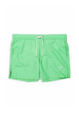 Shorts de bain verts avec une taille élastique, un cordon blanc, des fentes sur les côtés et un logo brodé sur le bas à l'avant. Texture de tissu lisse.