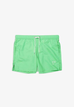 Grønne svømshorts med elastisk talje, hvid snor, sideslidser og broderet logo på den nederste front. Glat stofstruktur.