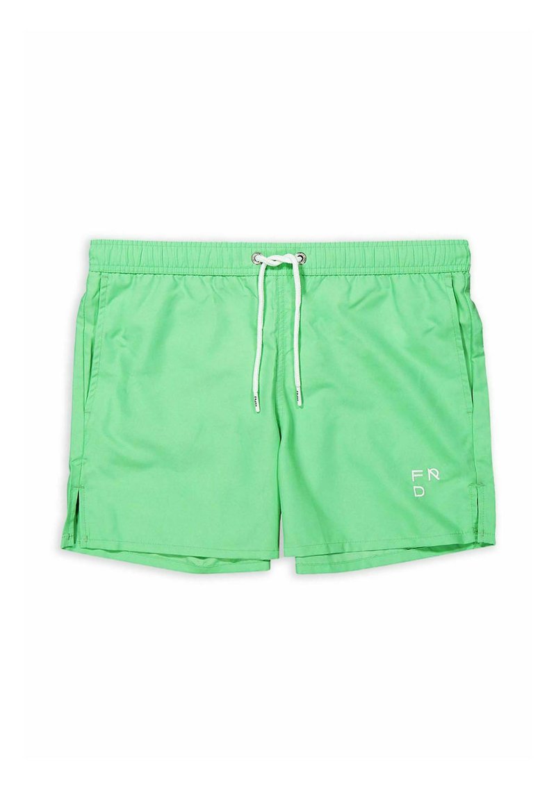 Pantaloncini da bagno verdi con vita elastica, cordino bianco, aperture laterali e logo ricamato nella parte anteriore inferiore. Tessuto di consistenza liscia.