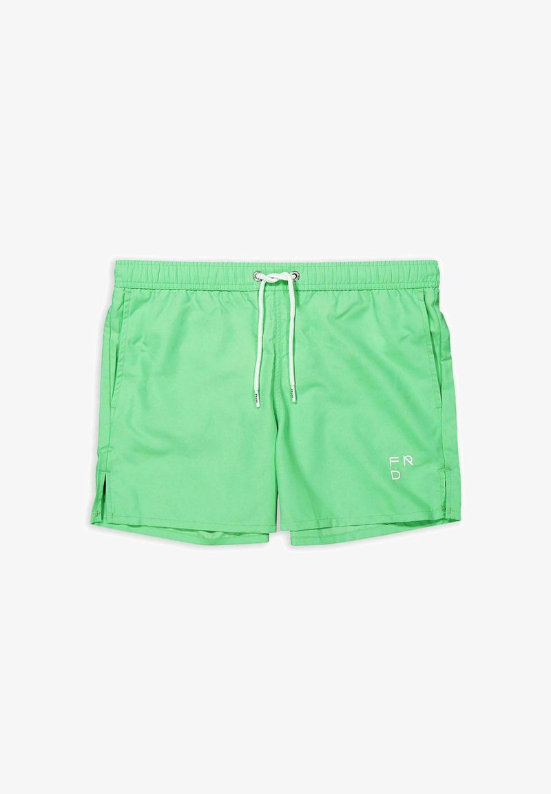 Pantaloncini da bagno verdi con vita elastica, cordino bianco, aperture laterali e logo ricamato nella parte anteriore inferiore. Tessuto di consistenza liscia.