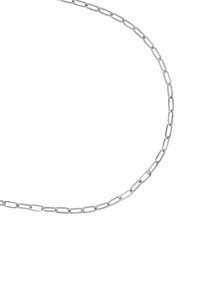 Collana in catena d'argento con anelli ovali allungati, texture liscia e un design semplice con una finitura pulita e lucida.