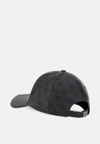 Black baseball cap with patterned fabric, curved visor, adjustable strap, and tonal logo detailing on the sides and back.