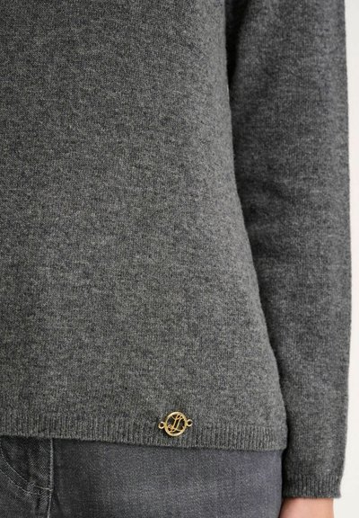 Grauer Strickpullover mit weicher Textur, ausgestattet mit einem goldenen Logoakzent am Saum. Das Design umfasst einen gerippten Ausschnitt und Bündchen.