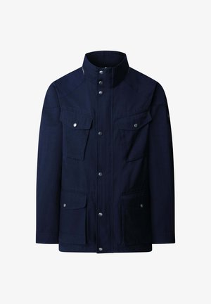 Navy blue jacket with a high collar, multiple front pockets, snap fasteners, and a sleek, structured design. Made from a durable fabric.