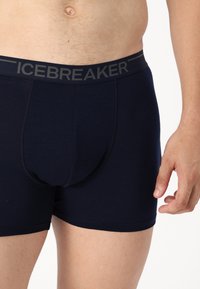 Temno modri bokserji z vijoličnim logotipom "ICEBREAKER" na elastičnem pasu, z gladko teksturo in oprijetim dizajnom.
