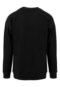 Schwarzes Sweatshirt mit Rundhalsausschnitt, langen Ärmeln, gerippten Bündchen und glatter Textur. Der Rücken hat keine zusätzlichen Details oder Muster.