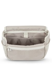 Vaalea beigeverkkoinen järjestäjäkassi, jossa on vetoketjullinen suljenta, useita osastoja ja teksturoitu kangas. Varustettu sisäisellä liukupussilla, joka helpottaa pääsyä.