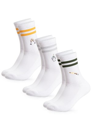Three pairs of white crew socks with colored stripes at the top: yellow, gray, and green, each featuring a small drink-related embroidery.