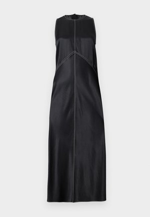 Black sleeveless dress with a round neckline, featuring white stitching details and a straight cut that flows to the floor. Smooth texture.
