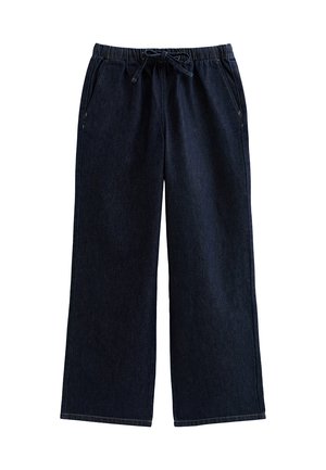 Wijde broek in donkerblauwe denim, met een elastische tailleband met trekkoord, twee zijzakken en recht gesneden pijpen met zichtbare stiksels.