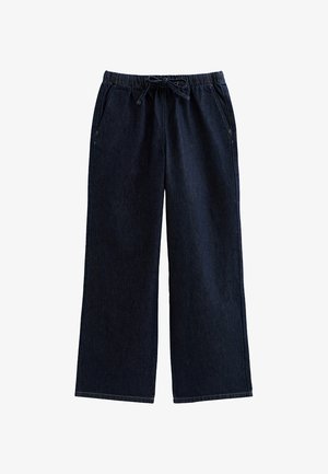 Wijde broek in donkerblauwe denim, met een elastische tailleband met trekkoord, twee zijzakken en recht gesneden pijpen met zichtbare stiksels.