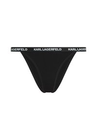 Sous-vêtement style bikini noir avec une ceinture élastique de marque portant l'inscription "KARL LAGERFELD" en texte blanc.