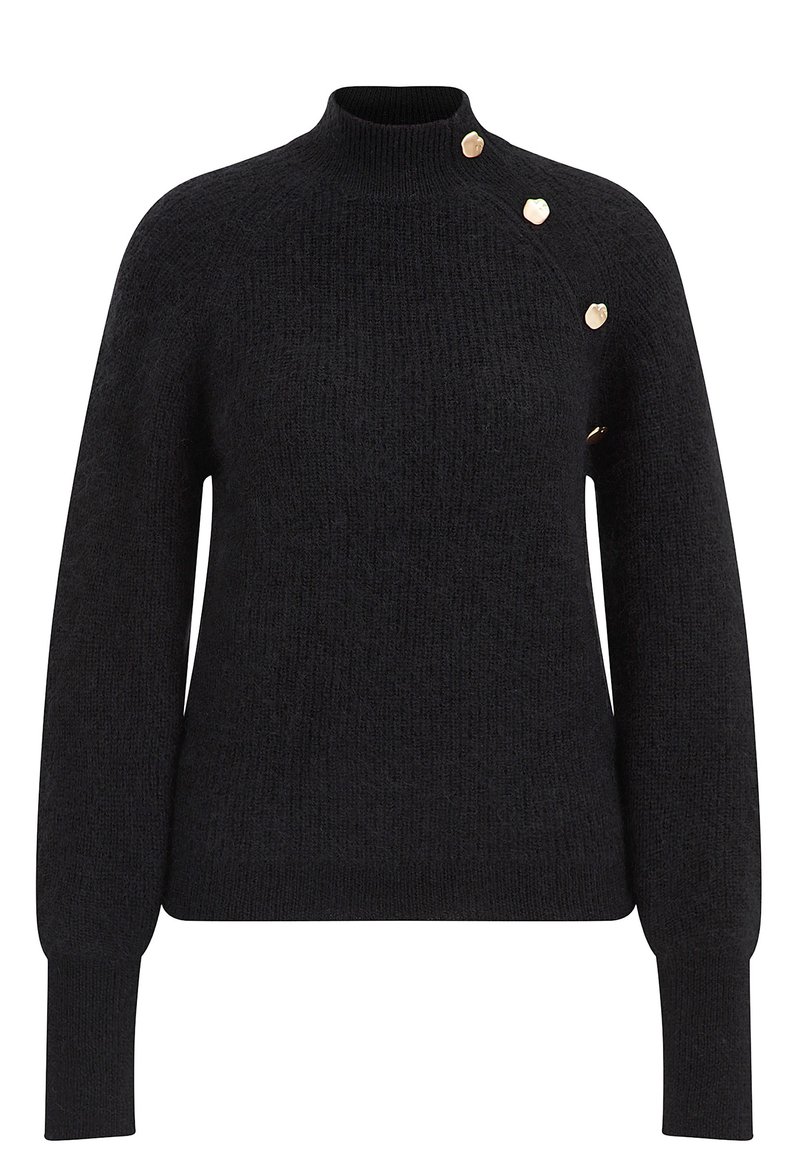 Zwarte gebreide trui met een hoge hals, lange mouwen en gouden knoopaccenten op de linkerschouder. Zachte textuur en een relaxte pasvorm.