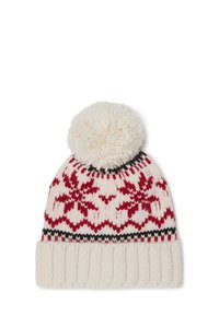 Berretto invernale in bianco con motivi a fiocco di neve rossi, dettagli neri e un pompon crema sopra. Polsino a coste alla base.