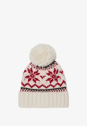 Bonnet d'hiver en tricot, blanc avec des motifs de flocons de neige rouges, accents noirs et un pompon crème sur le dessus. Poignets côtelés à la base.