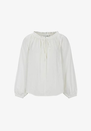 Biała bluzka z długim rękawem, z elastycznym marszczonym dekoltem i mankietami, z ozdobnym sznurkiem z przodu.