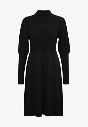 Vestido negro de punto con un cuello alto, mangas abullonadas y una falda acampanada. Textura suave, mangas largas y color sólido sin patrones.